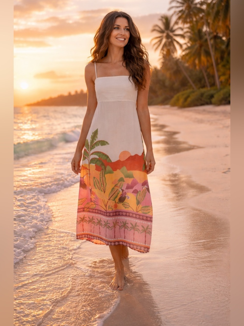 Anthropologie Paper Heart Palm Tropical Resort Toucan Bird Sunset Maxi Dress M
